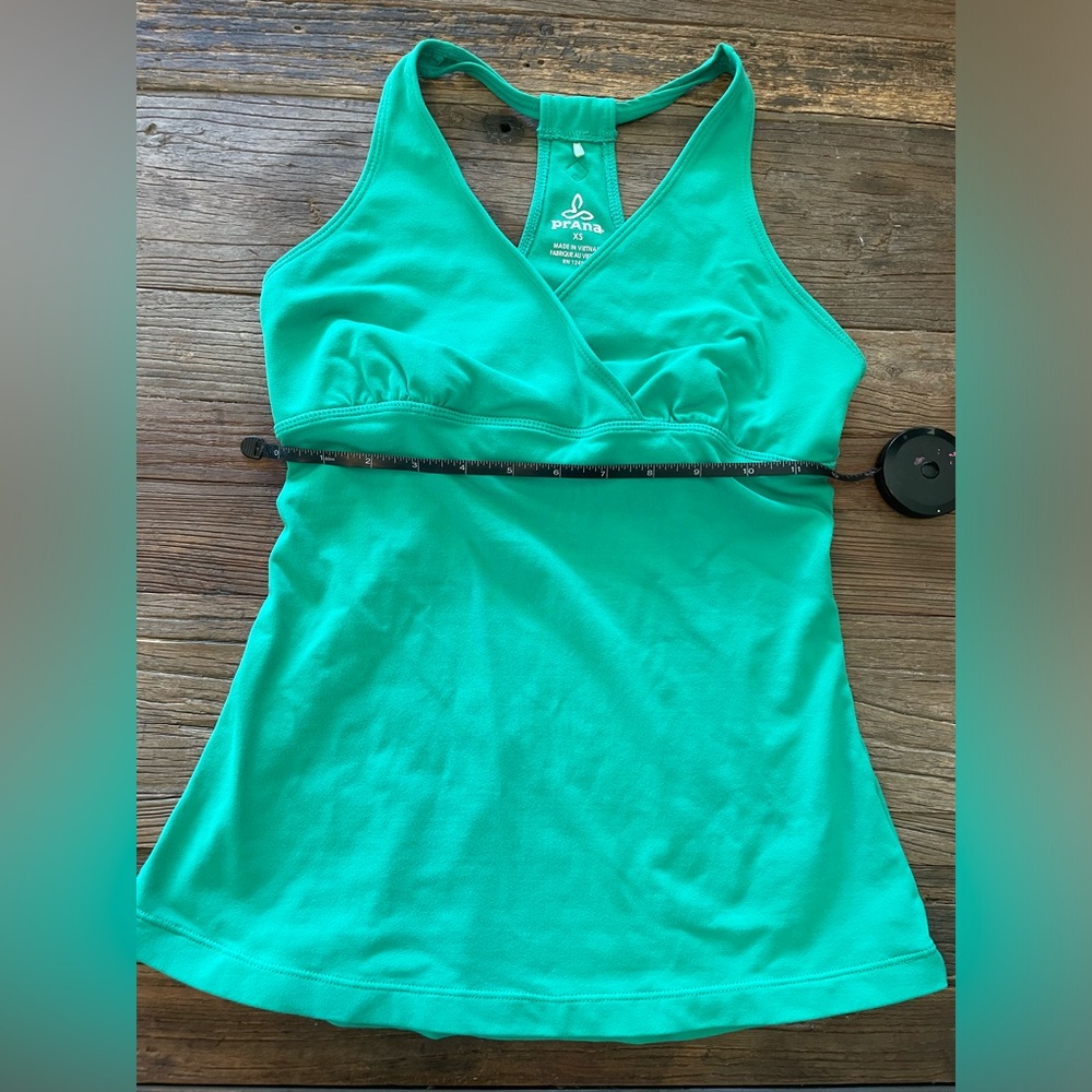 XS Prana green cross over Racerback tank with built in shelf bra.